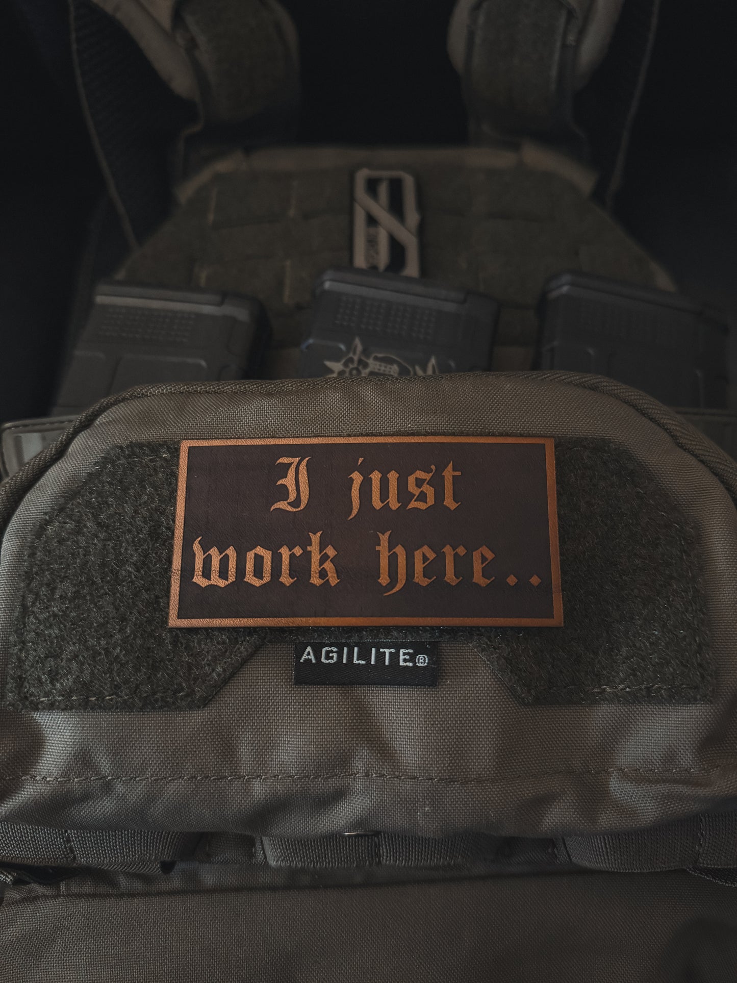 “I just work here” leather patch
